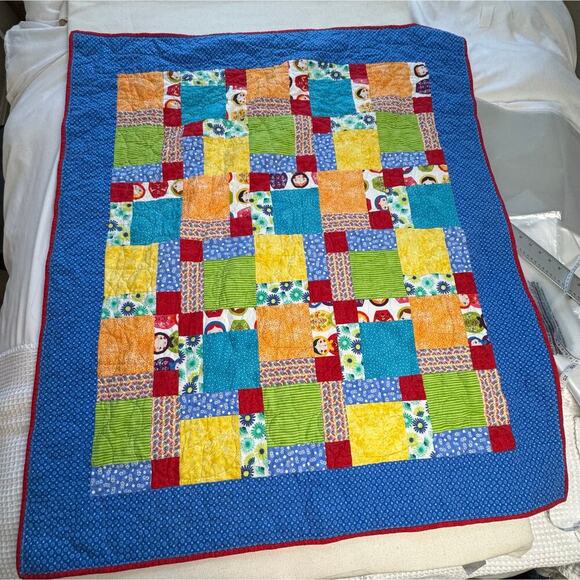 Handmade Baby Quilt Vibrant Colors Excellent condition Block Lime Green Red Blue - Picture 1 of 9